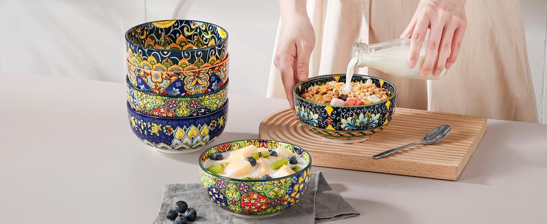 Cereal Bowls Set of 6, Bohemian Ceramic Soup Bowls, 28 oz Colorful Bowls Set for Kitchen, Dishwasher & Microwave Safe for Salad, Pasta, Rice, Oatmeal, Fruit