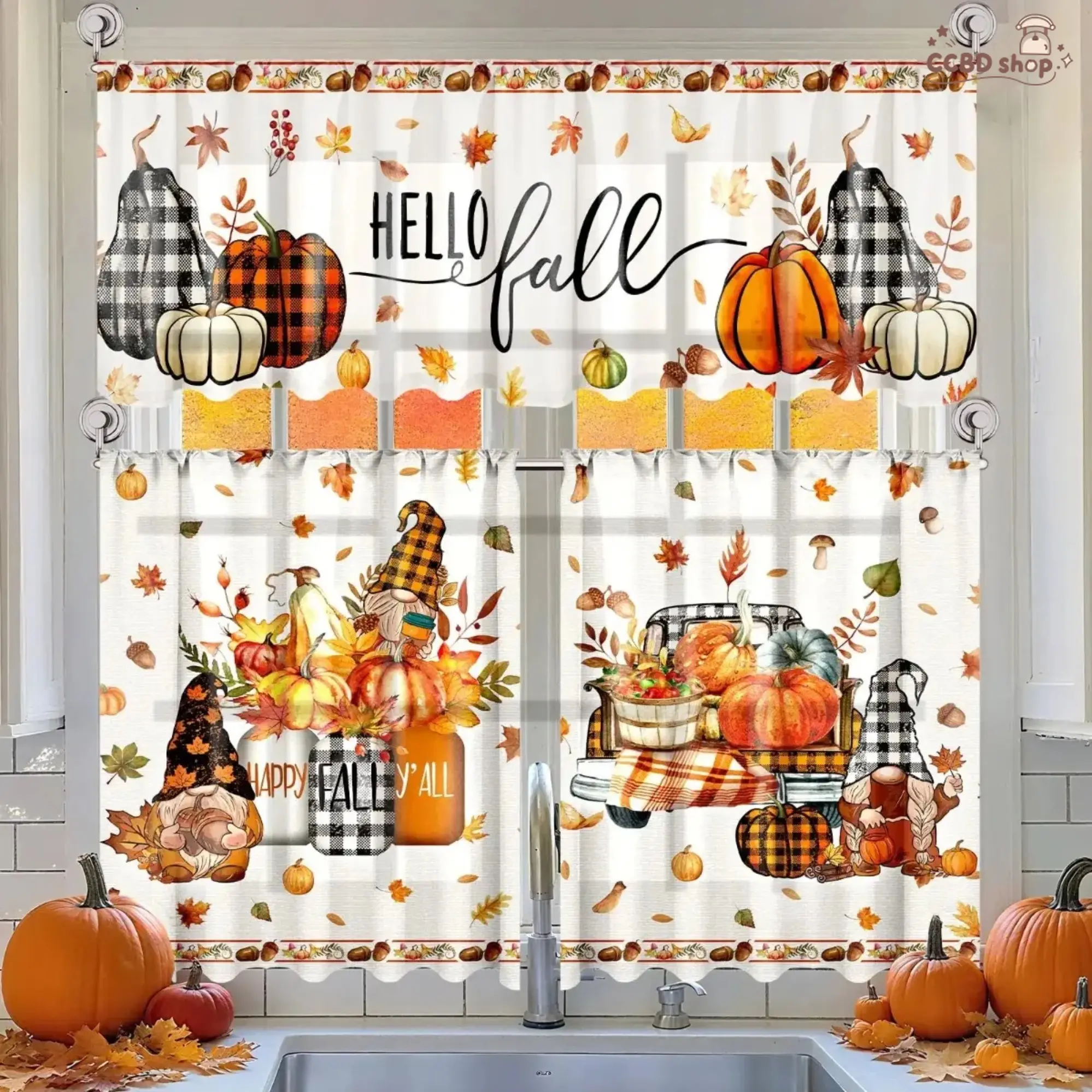 3 Pcs Fall-Halloween Kitchen Curtain Valance Tiers Set, Low Iron-Wrinkle Resistant Waterproof Buffalo Plaid, Skull-Bat-Maple-Pumpkin Design for Bedroom Living Room Spooky Season Trick or Treat Thanksgiving Decor