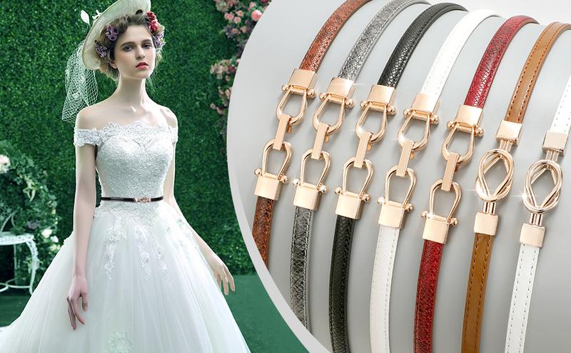 JASGOOD Women Leather Skinny Belt Thin Waist Belts for Dresses up to 37 Inches 2 Pack with Golden Buckle