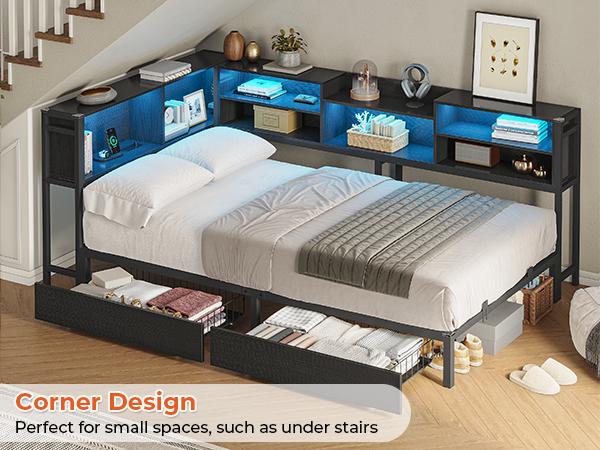 Hasuit Twin Corner Bed Frame with Storage Bookcase, Twin Size Daybed with 2 Underneath Storage Drawers, Kids Bed Unit with Charging Station and LED Light, Modern Teenagers Bedframe