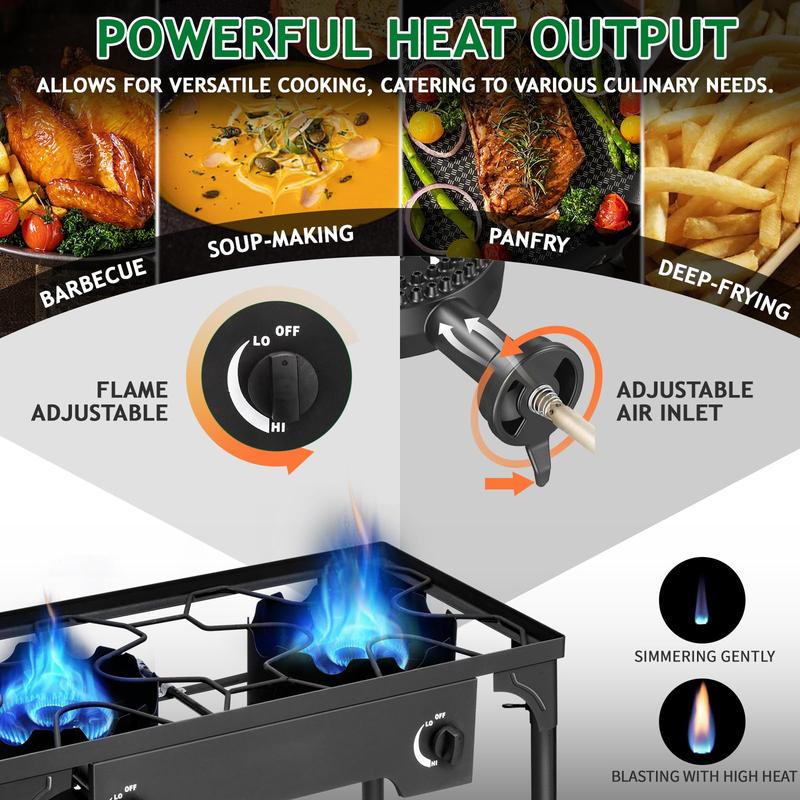 PineHome 3 Burner Propane Stove, 225,000 BTU High Pressure Outdoor Cooker with Cast Iron Head.Includes 0-20 PSI Regulator, Removable Legs for Camping, Tailgating, Home Brewing.