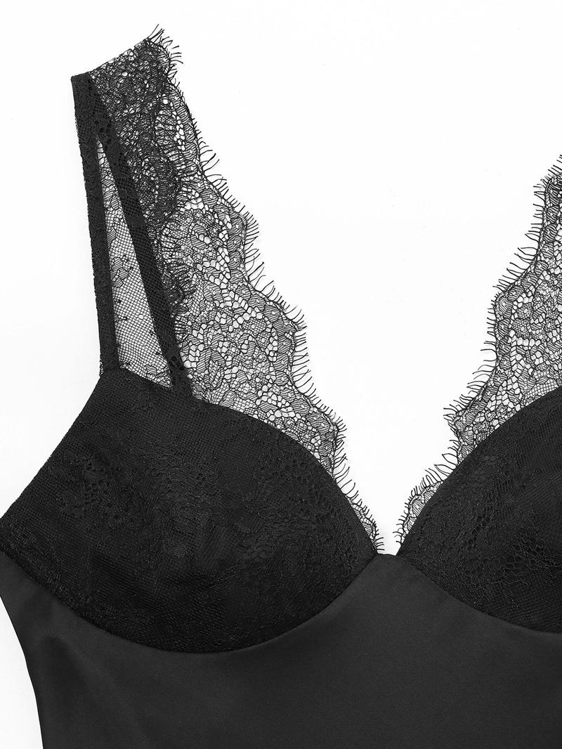 Women's Lace Satin Deep V Neck Tank Top, Slim Fit Sleeveless Design, Fashionable and Comfortable, Elegant Lace Details, Casual Sleeveless Cami