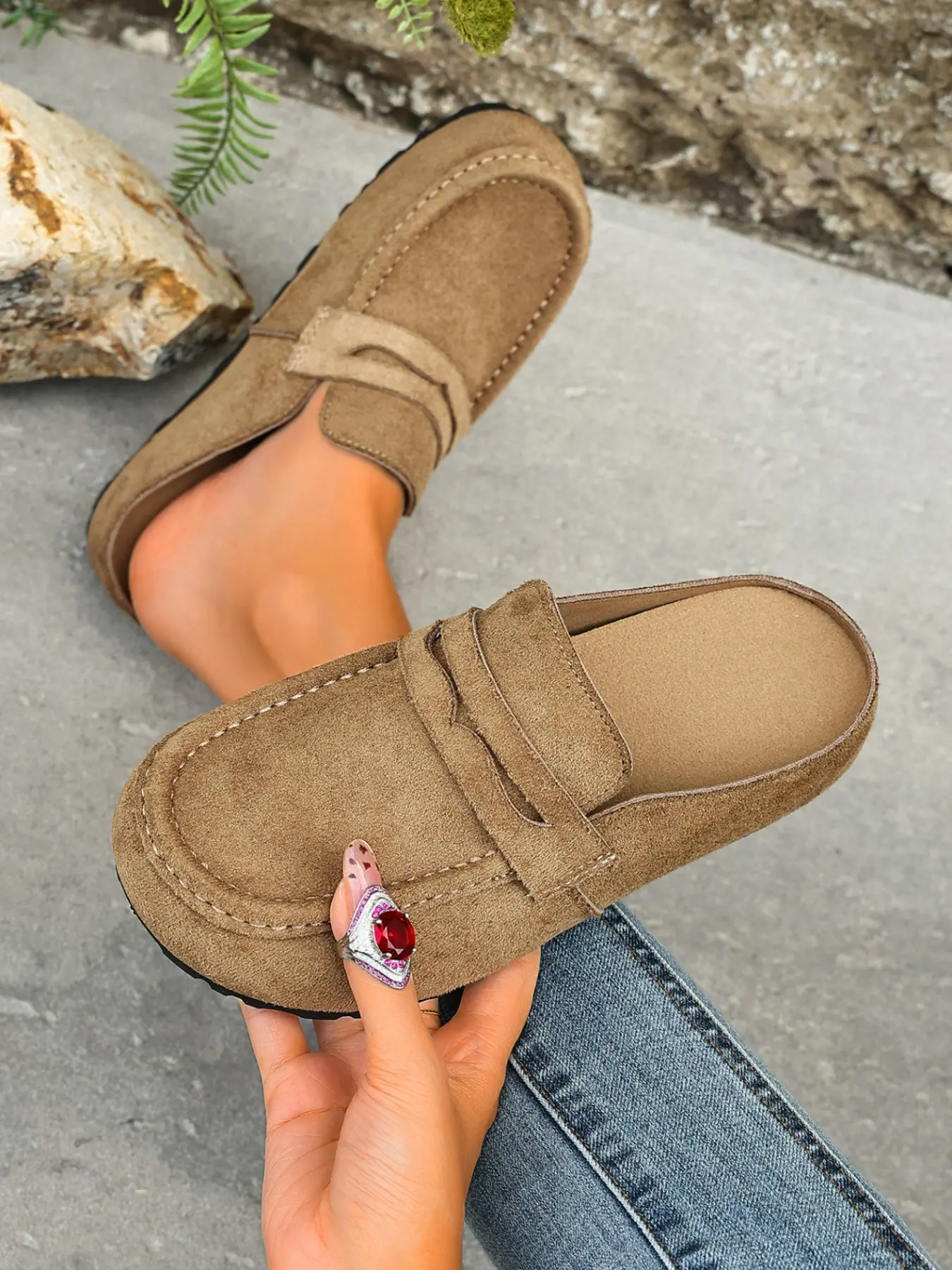 2026 Women's Faux Suede Penny Loafers, Slip-On Ankle-Height Slippers, Retro Casual Lightweight Home & Outdoor Shoes, Comfortable Walking Sandals