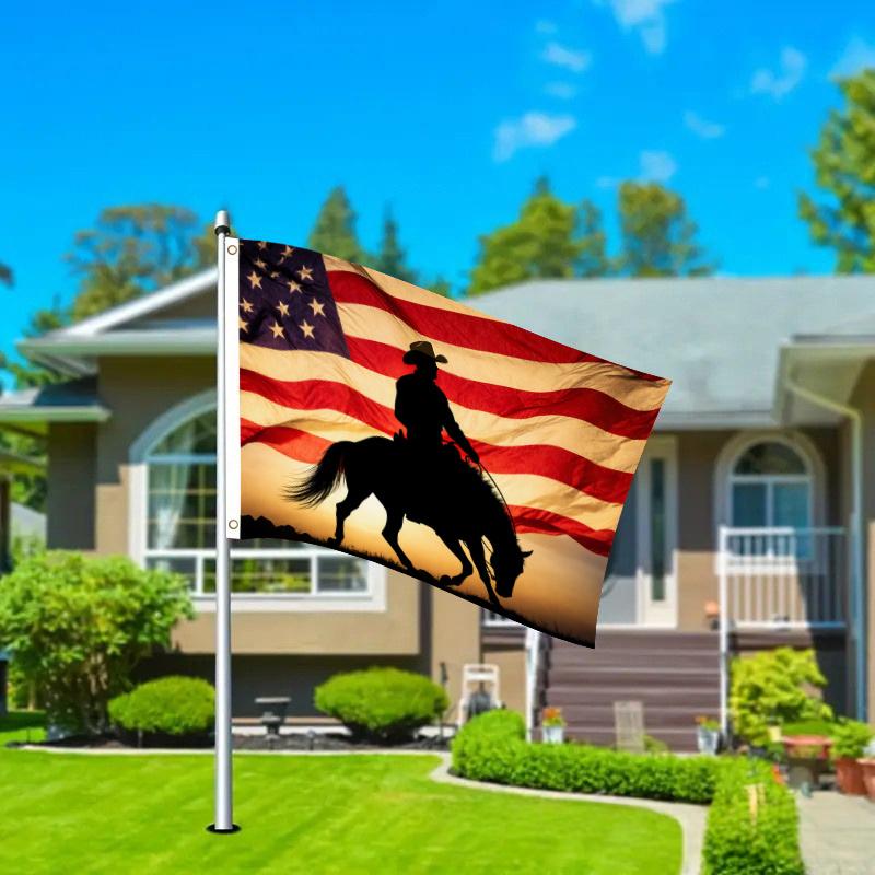 3x5 Ft American Flag Cowboy Horse Silhouette Flag, Western Rodeo Patriotic Outdoor Banner, Fade‑Resistant Vintage Sunset Cowboy Yard Flag for Ranch & Western Home Decor