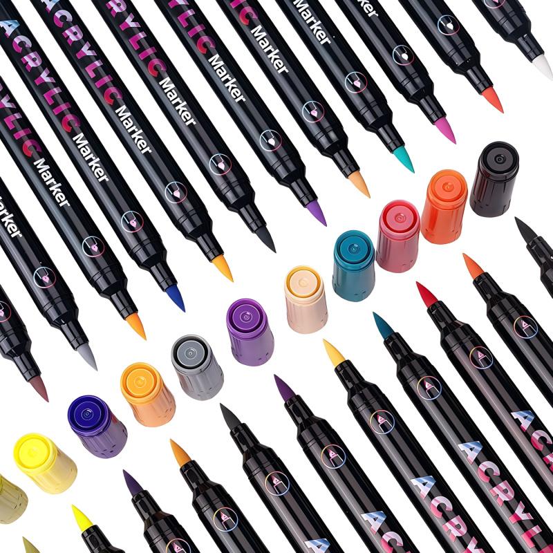 Acrylic Paint Markers Pens Set, Dual Tip Dual-Color Brush Tips Acrylic Paint Pens, Creative Coloring Markers, Acrylic Drawing Markers for Rocks, Wood, Canvas, Stone, Fabric, Plastic DIY Art Supplies Back to school