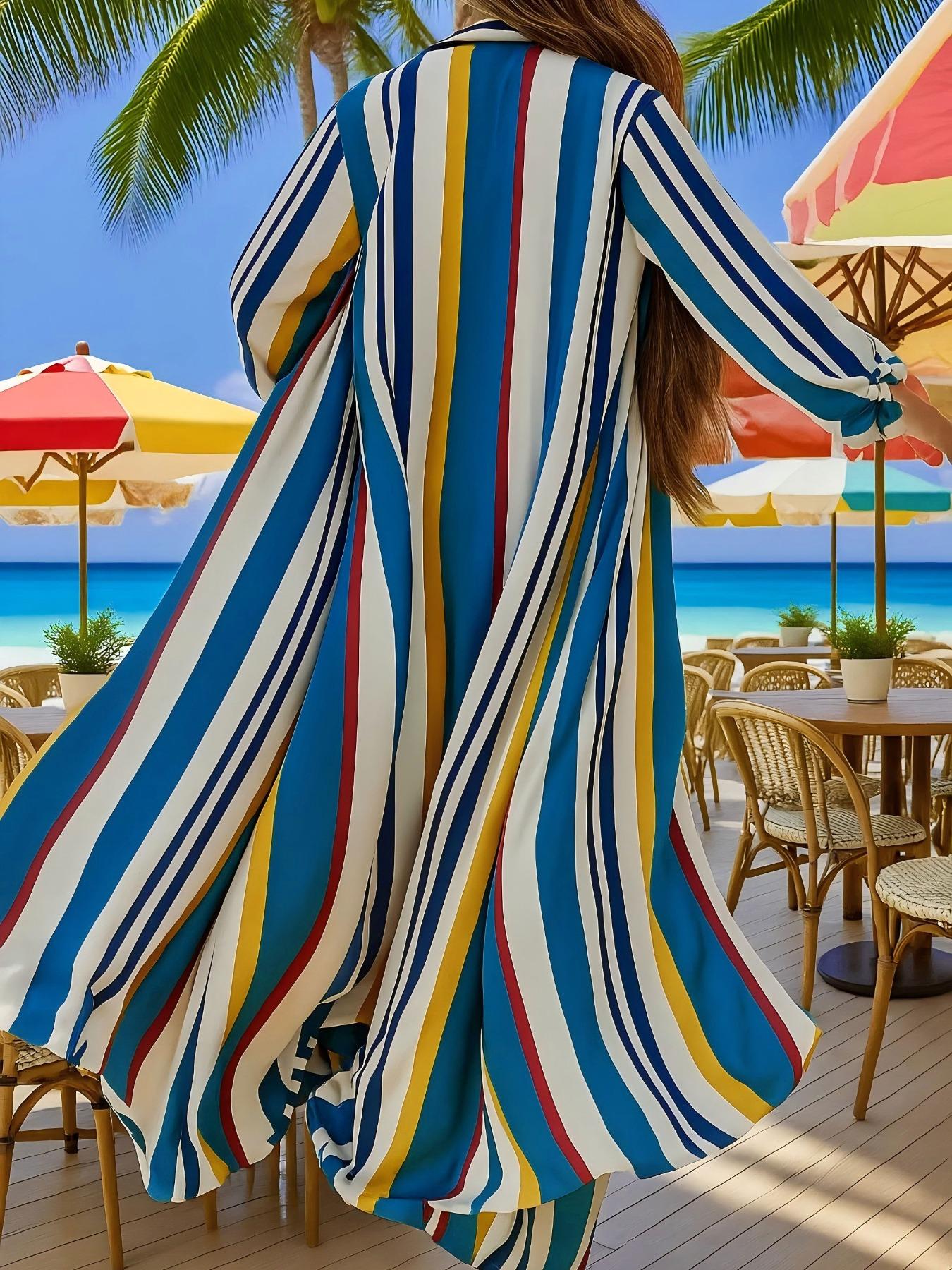 Plus Size Women's Striped Two-Piece Set, Long Sleeve Shirt & Wide Leg High Waist Pants, Casual Flowy, Perfect for Vacation & Daily Wear