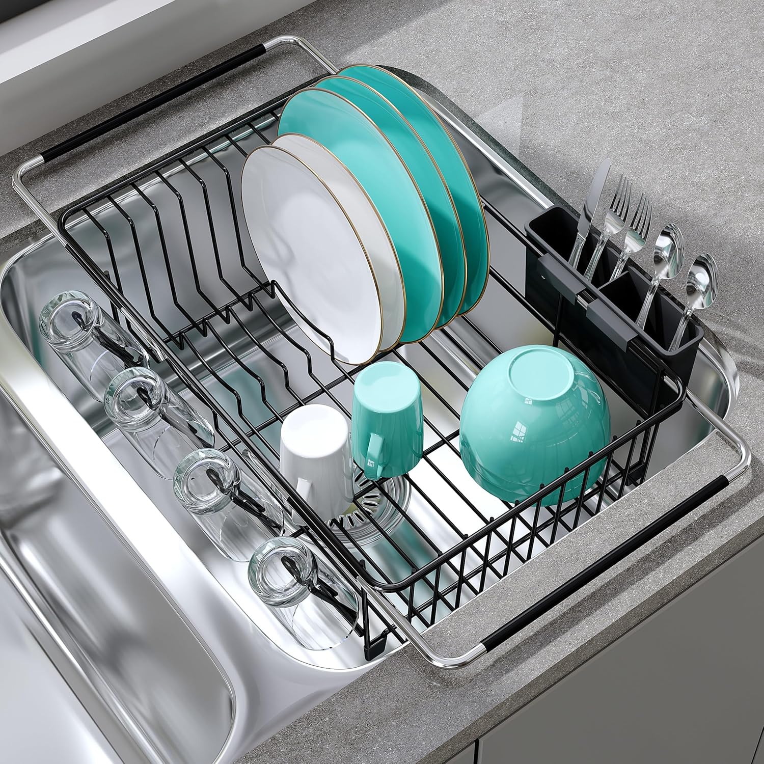 Dish Drying Rack for Sink, Expandable Stainless Steel Dish Drainer with Utensil Holder, Silver Over Sink and Inside Sink Dish Dryer Rack for Plates, Bowls, Cups and Kitchen Counter Storage