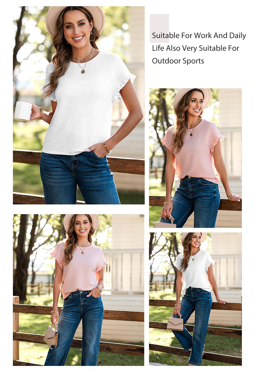 Shewin 2026 Spring/Summer Outfit Womens Short Sleeve Tops Round Neck Ruffle Casual Textured Work T Shirts Tee Blouse Basic Fitted Crewneck - Womenswear SpringStatements