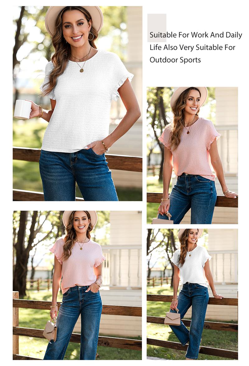 Shewin 2026 Spring/Summer Outfit Womens Short Sleeve Tops Round Neck Ruffle Casual Textured Work T Shirts Tee Blouse Basic Fitted Crewneck - Womenswear Shewin 2026 Spring/Summer Outfit Womens Short Sleeve Tops Round Neck Ruffle Casual Textured Work T Shirts Tee Blouse Basic Fitted Crewneck - Womenswear
