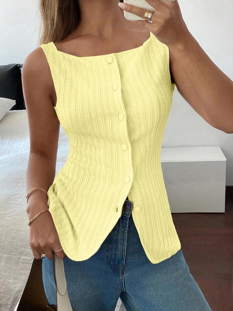 Women's Solid Color Knitted Tank Top, Casual Minimalist Sleeveless Top for Summer, Ladies Clothes for Daily Wear, Basic Womenswear, Casual Sleeveless Ribbed
