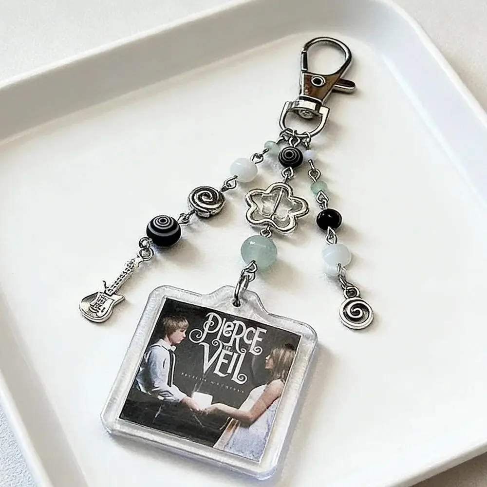 Pierce The Veil Album Cover Keychain Beaded Emo Punk Bag Charm with Guitar Pendant Grunge Y2K Aesthetic Backpack Accessory