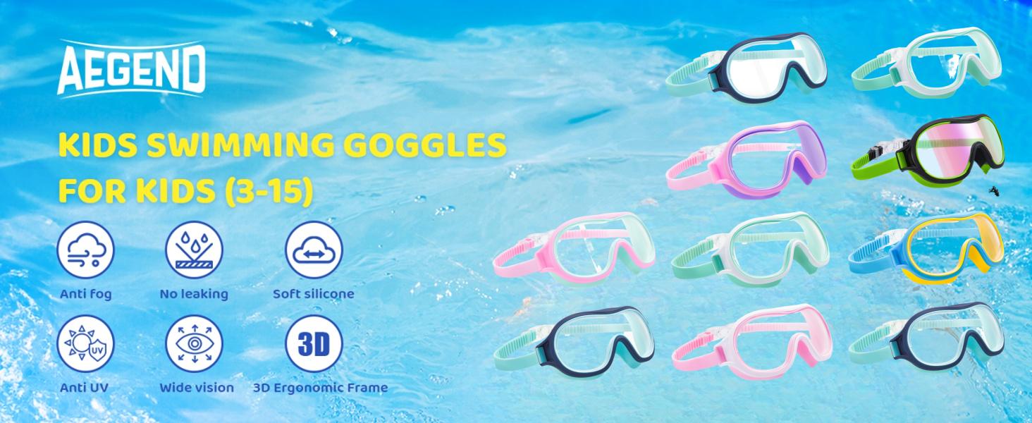 Aegend 2 Pack Swim goggles for Kids, Big Frame Anti-Fog Anti-UV Wide Vision Clear vision Waterproof, No leak large frame Swimming goggles for Boys Girls