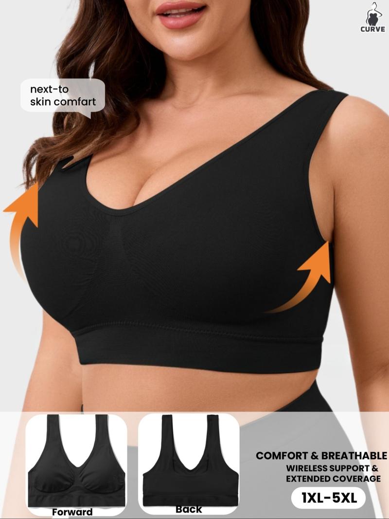 Women's Plus Size Push Up Bra, Soft Comfortable Wide Strap Crop Top, U-Shape Back,With Removable Pads,  Casual Basic Top,Lady Underwear All Season Wear, Solid Backless Bra