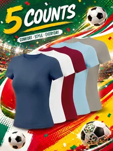Women’s 5 Pack Short Sleeve Workout T Shirts Cooling Comfortable Breathable Buttery Soft World Cup Inspired Jersey Style Four Way Stretch Slim Fit Solid Color Crew Neck Pilates Yoga Tops for Gym Running Cycling Moisture Wicking Quick Dry Fitness Tees