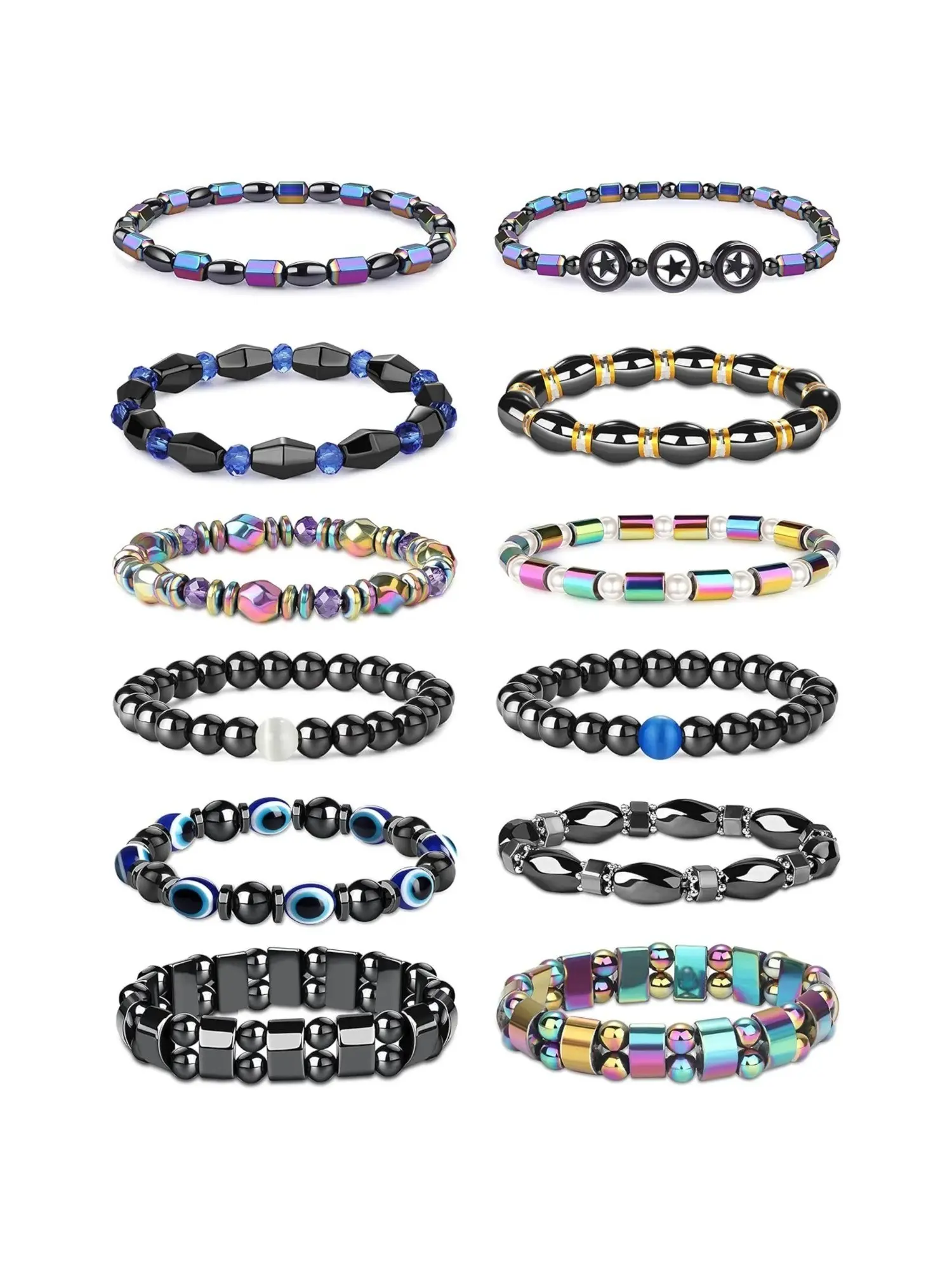 Unique 12 Pcs Colorful Hematite Magnetic Bracelets Set Alloy Magnetic Ankle Bracelets for Men Women Circle Star Rainbow Magnet Stone Bracelets Bracelet Sets