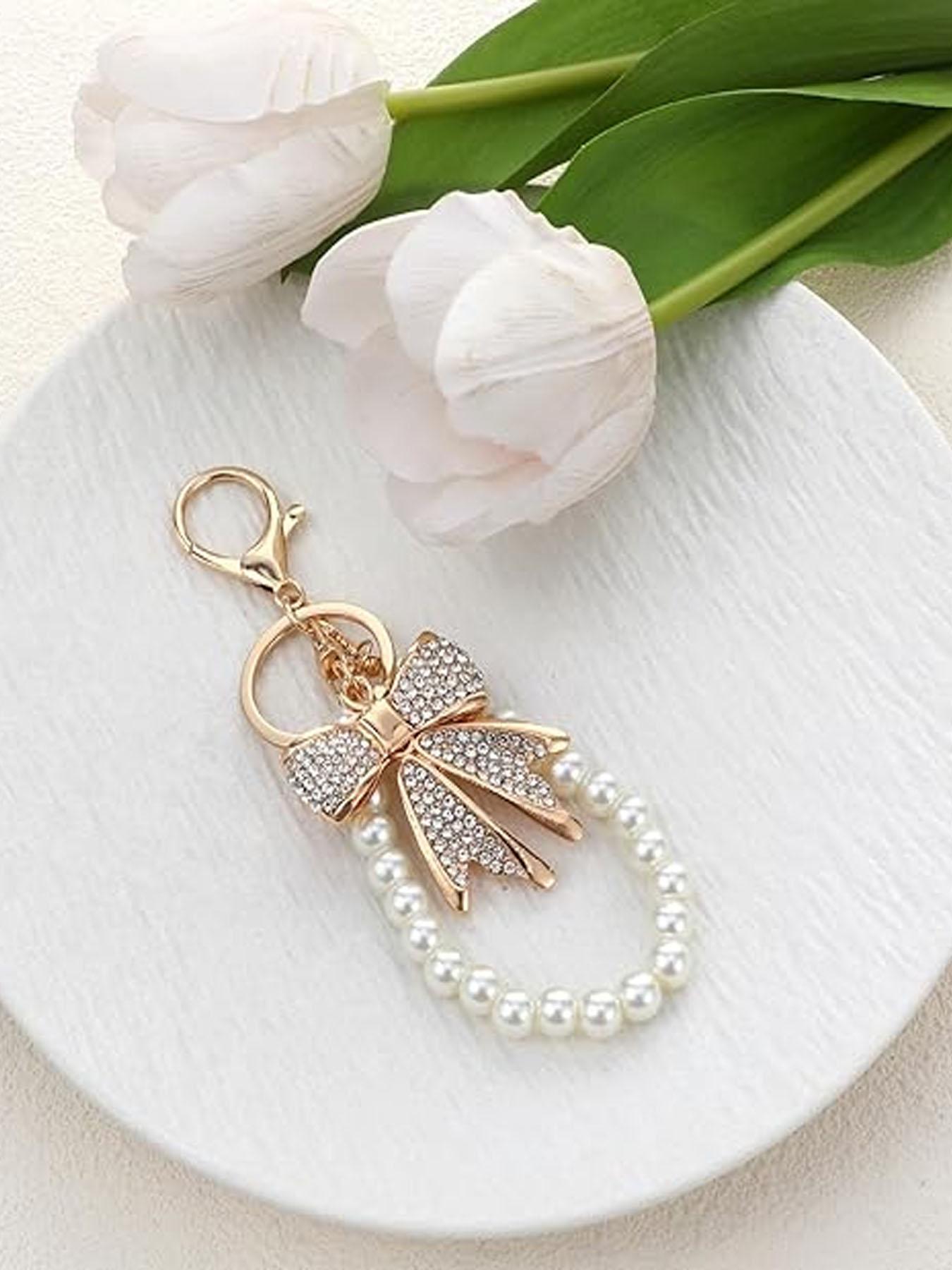 Women's Bow Keychain Rhinestone Imitation Pearl Chain Shiny Wallet Charm Bag Handbag Accessories Elegant Design Keychain Bag Pendant Trendy Cute Keychain Bling Bling Keychain For Bags Keychain For Purse Cute Keychain Accessory
