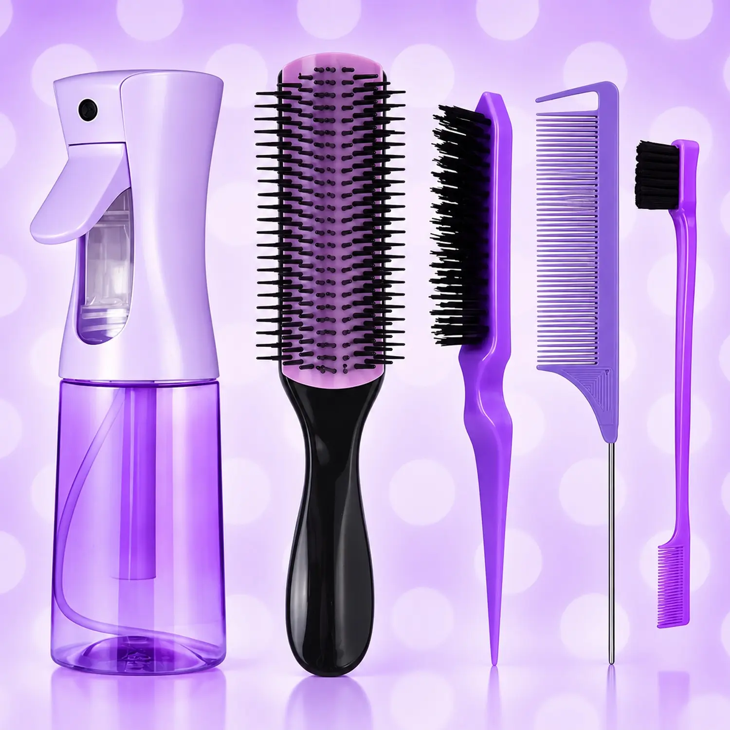 Curl Defining Brush with Fine Mist Spray Bottle, Edge Brush & Rat Tail Comb, Curly Hair Styling Tools for Defined Curls, Smooth Detangling, Hair Sectioning, Sleek Edges & Daily Styling
