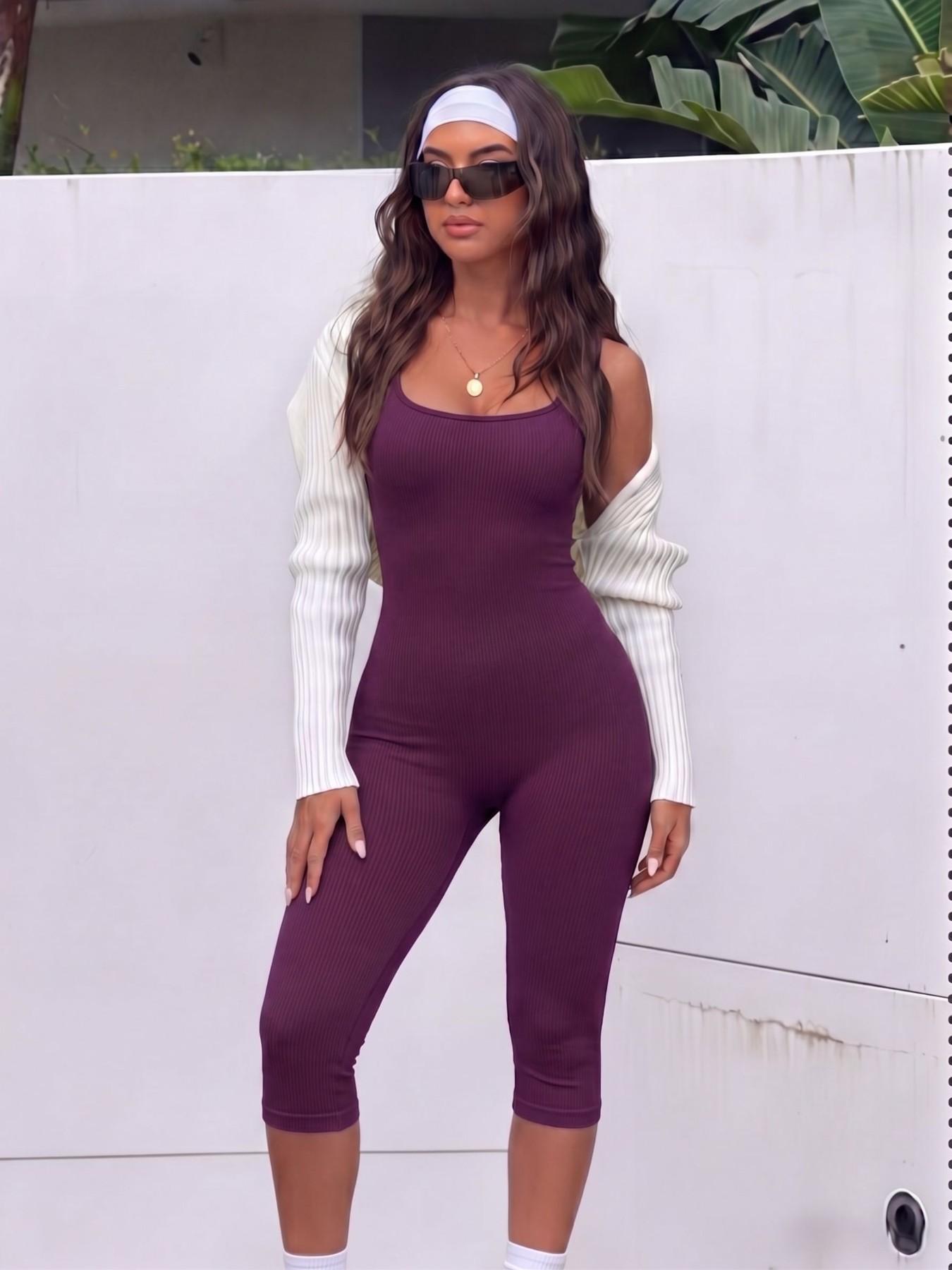 1/2PCS Women's Yoga Capri Jumpsuit Square Neck Backless Tummy Control Butt Lifting, Yoga Workout Jumpsuits Workout Shorts Romper Seamless Ribbed Sleeveless Unitard Fitness Gym for Gym Sports