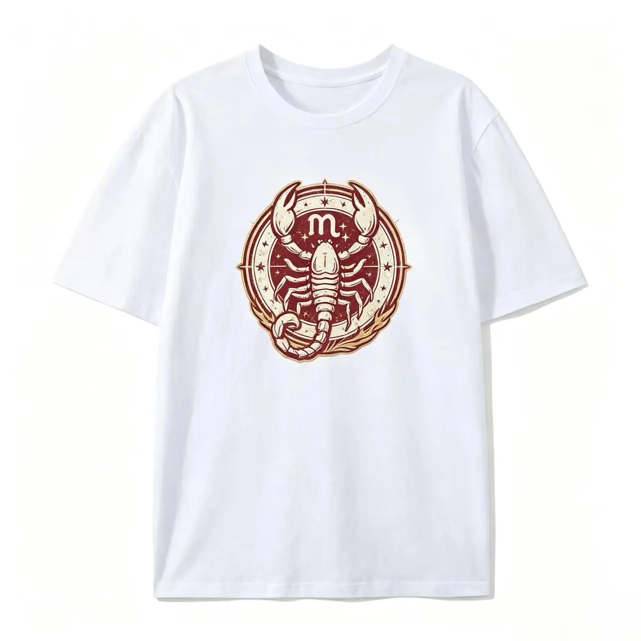 Men's Oversized Pure Cotton Shortsleeve T-Shirt - Scorpio Zodiac Scorpion Vintage Circular Stamp Badge, Classic Retro Astrology Comfy Relaxed Fit Tee, Ideal Birthday Gift For Scorpio Lovers, Tops