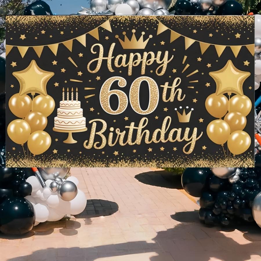 Gold 60th Birthday Banner, Balloon and Confetti Elements, Polyester Material, Party Wall Decor, Ideal for Photoshoots and Celebrations