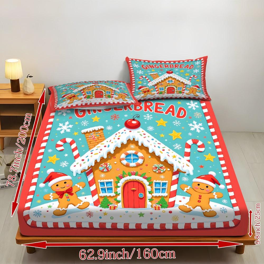 Fitted Sheet 3-Piece Set 2D Flat Gingerbread Man Pattern Mattress Cover (1 fitted sheet + 2 pillowcases, no insert), stylish, soft, and comfortable sheets, skin-friendly and breathable bedding, suitable for family bedrooms and guest rooms, all year round.