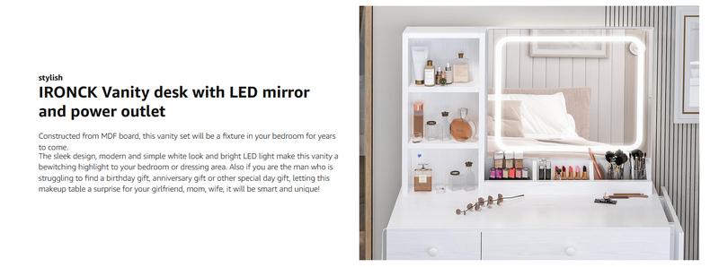 IRONCK Vanity Desk with LED Lighted Mirror & Power Outlet, Makeup Table with Drawers & Cabinet,Storage Stool,Dressing Table for Bedroom