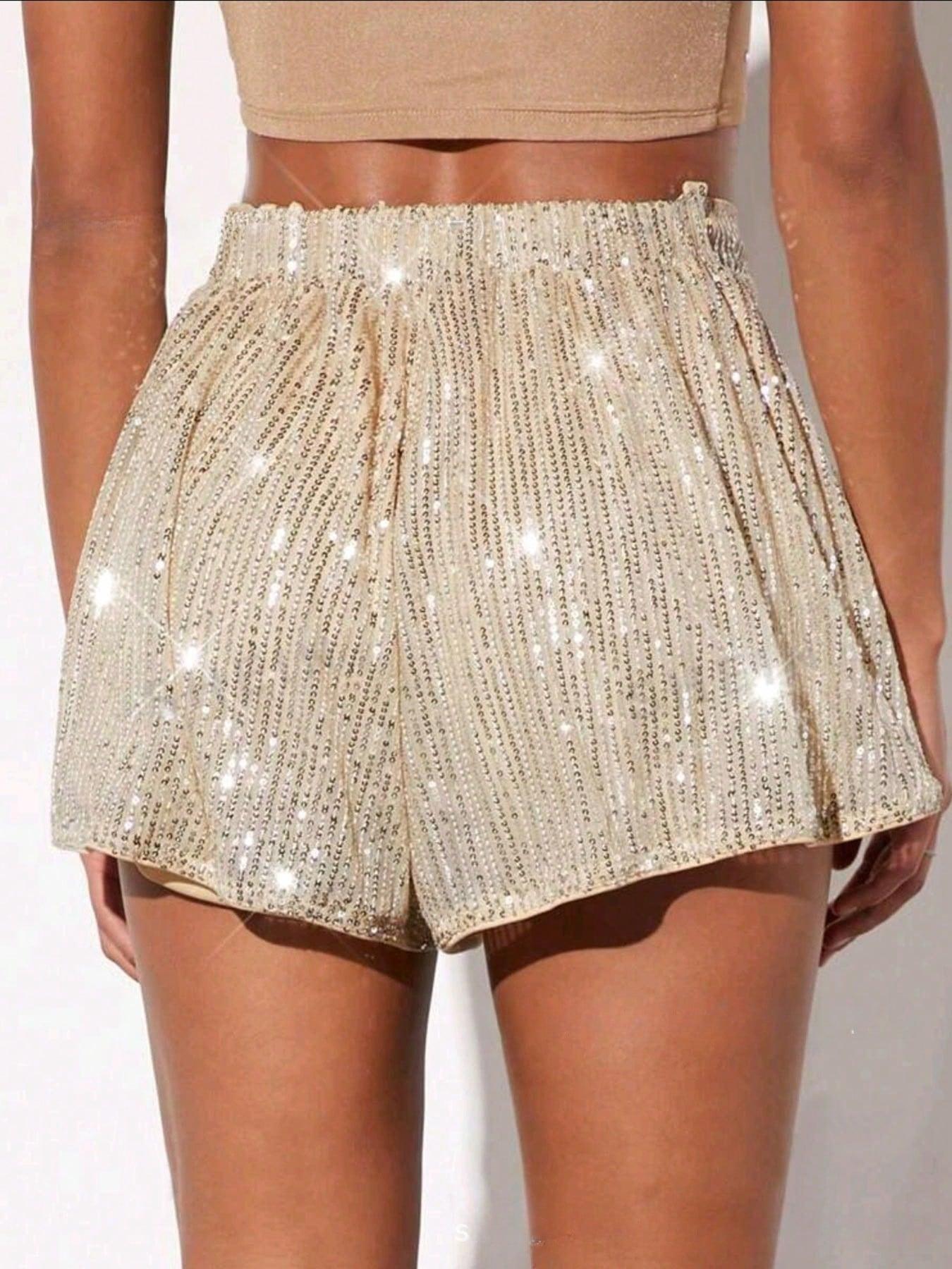 New Women's Sparkly Sequin Shorts, High Waist Fake Two-Piece Skirt-Like Wide Leg Design with Full Sequin Mesh, Ideal for Daily Leisure, Street Shots, Parties, Check-in Outfits, Gatherings and Outdoor Outings