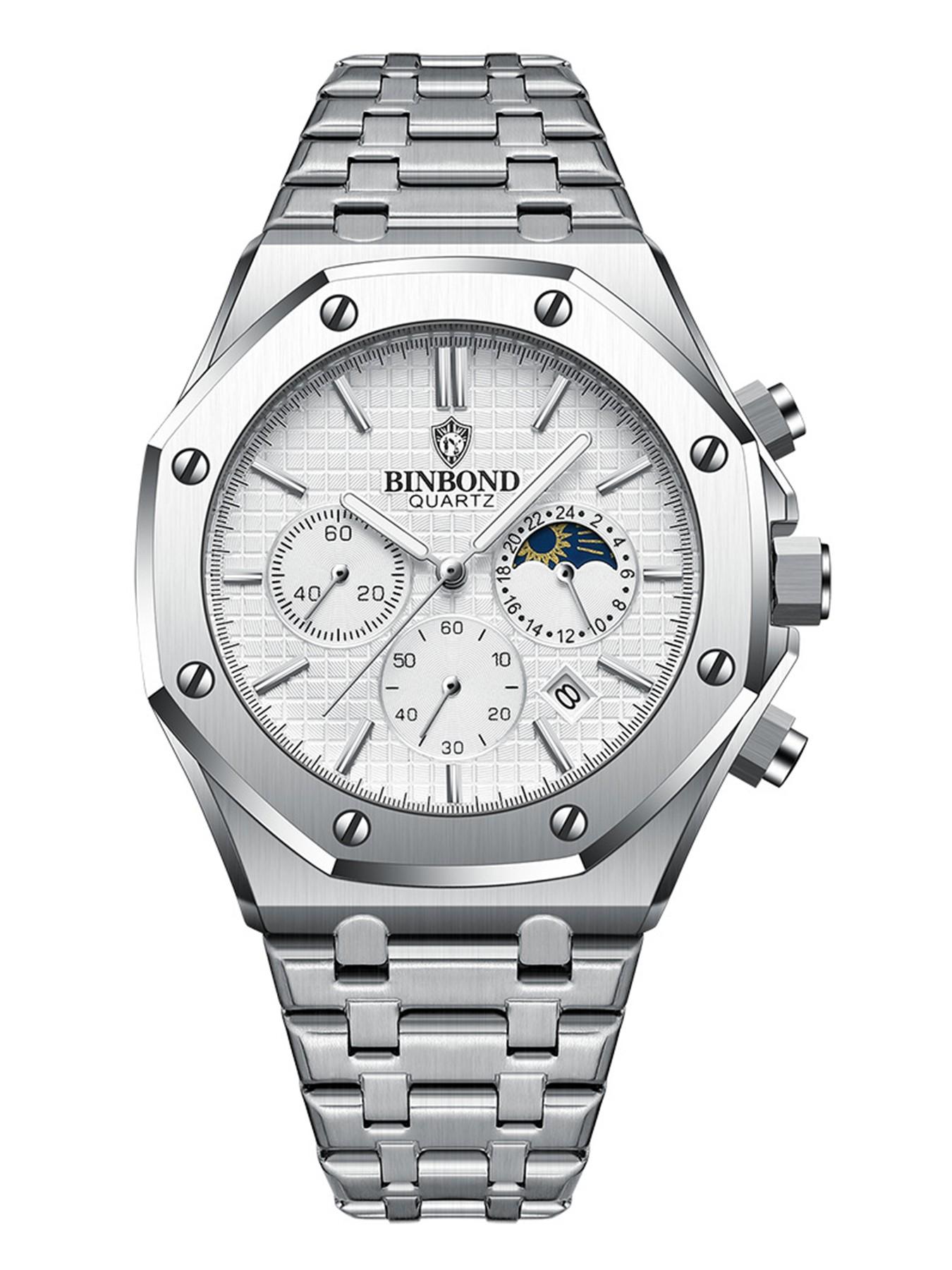 BINBOND Top Brand BO161 Men's Casual Watch Luminous Stainless Steel, Waterproof Men's Date Calendar Clock, Casual Business Round Dial Quartz Watch for Men, Fashion Stainless Steel Watches for Parties and Daily Wear, Versatile with Box