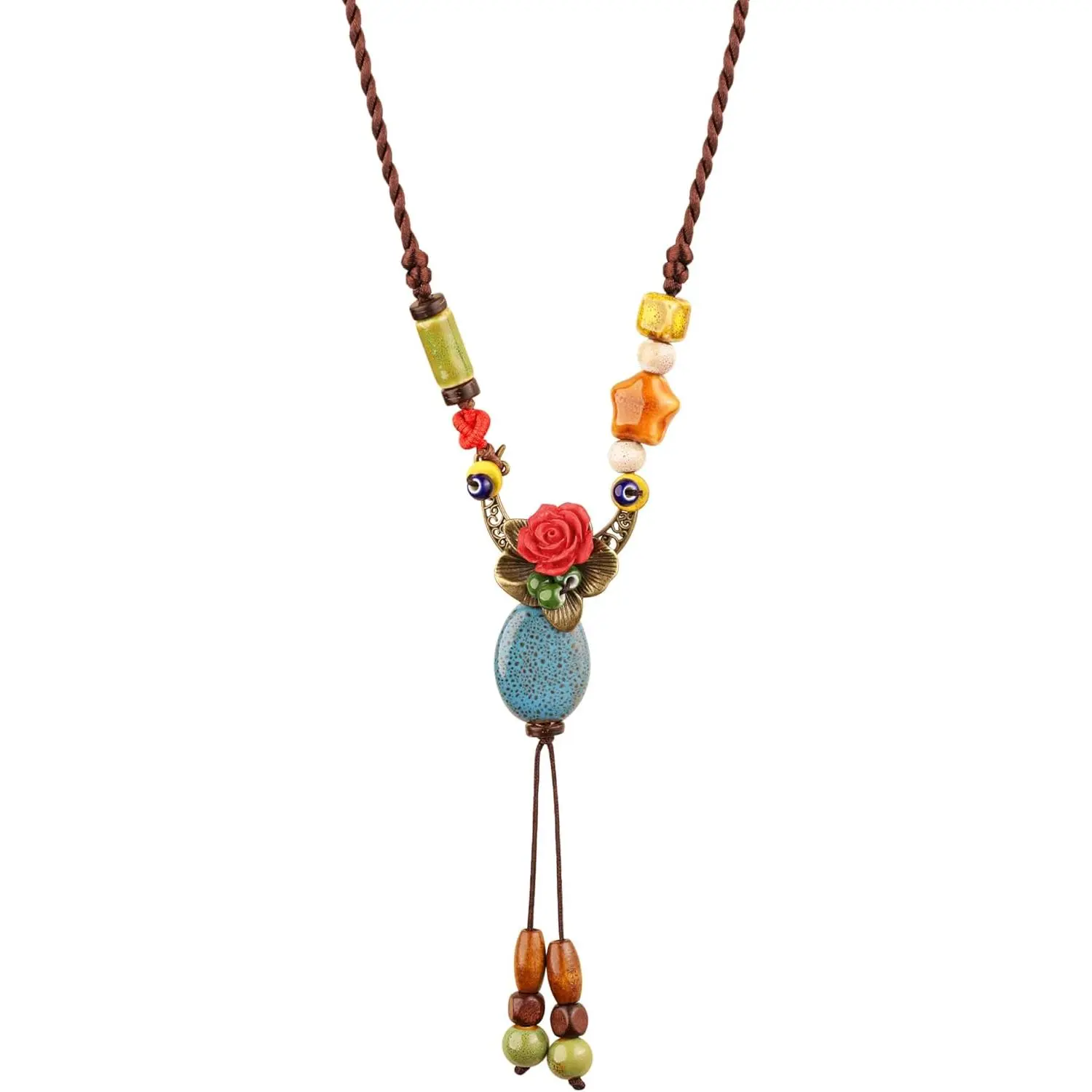 Bohemian Hippie Ceramic Beads Crescent Moon Lariat Necklace, Boho Hippie Statement   for Women
