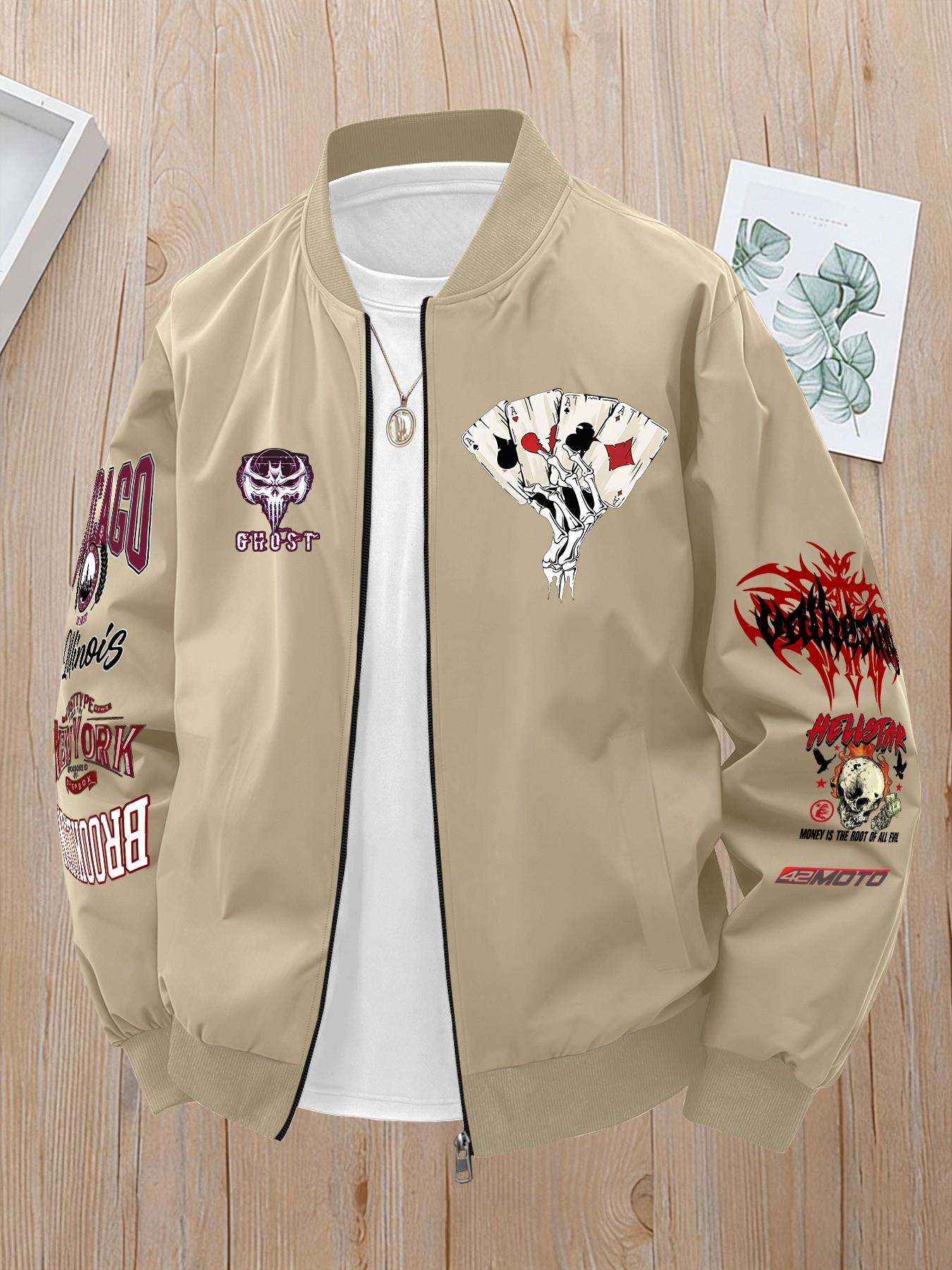 Ghost Face Logo City Landmark Letter Patch Street Style Fashion Streetwear Baseball Jacket Full Zip Coats, Commuter Top, Long Sleeve Loose Fit Casual Outerwear for All Seasons