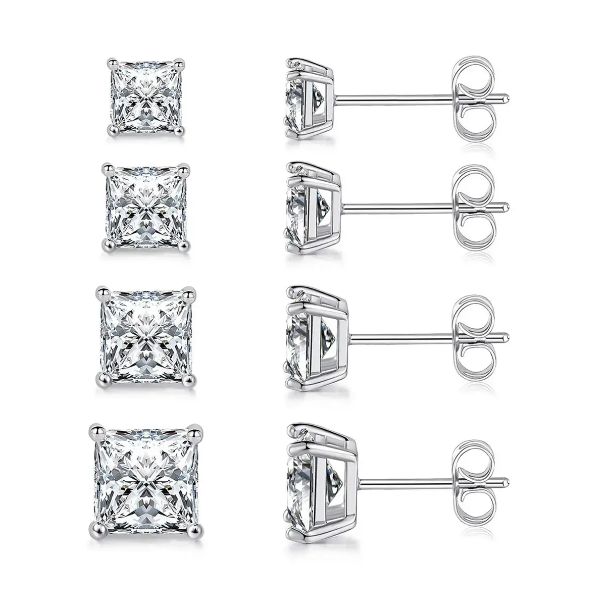 Square Cubic Zirconia Stud Earrings for Women & Men, 2/3/4/5/6mm Princess Cut CZ Earrings, Hypoallergenic 4-Prong Square Studs, Classic Minimalist Sparkling Jewelry, 925 Sterling Silver