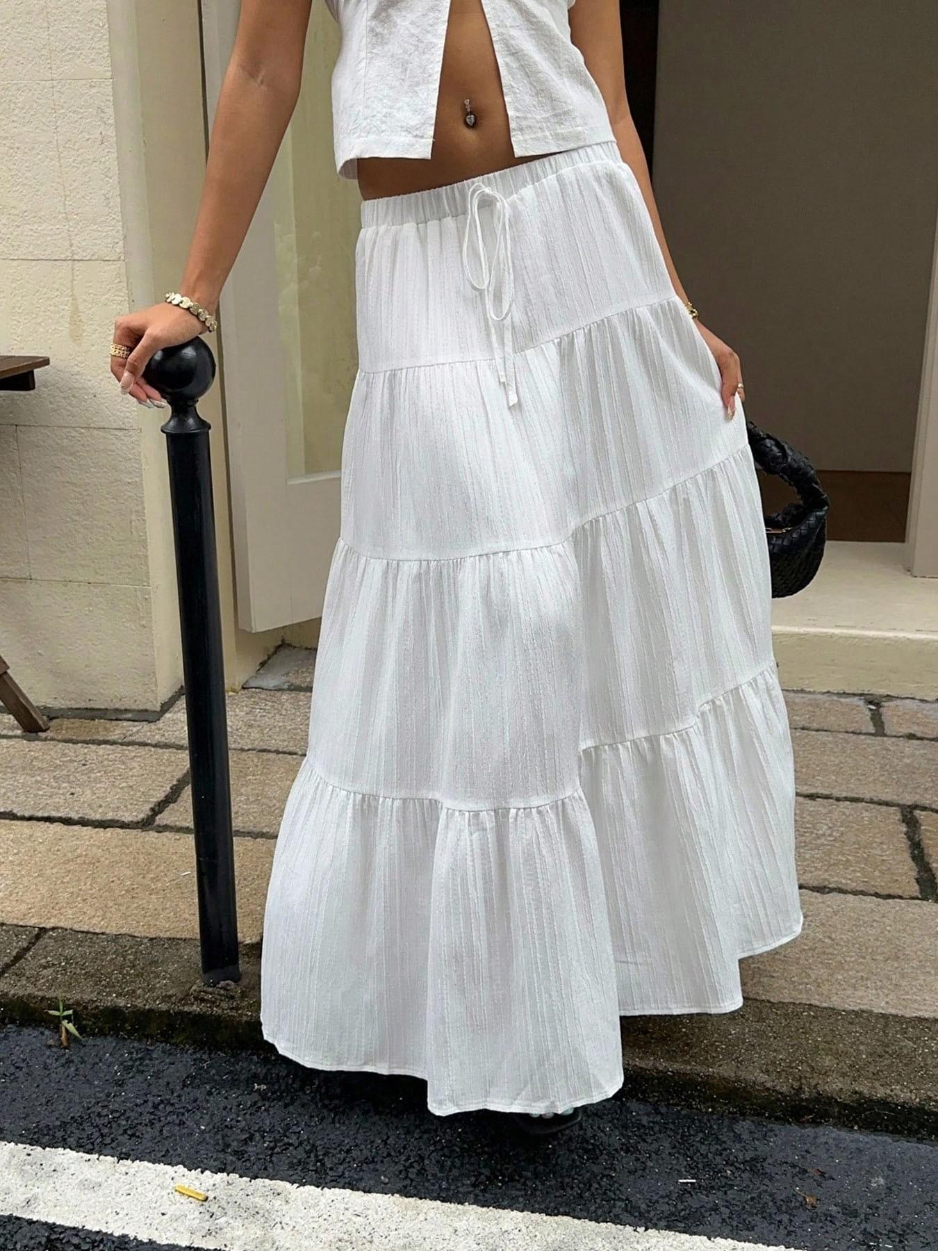 Women's Textured White Ruffled Maxi Skirt, Boho Elastic Waist Tiered Long Skirt For Summer Outings & Casual Fashion