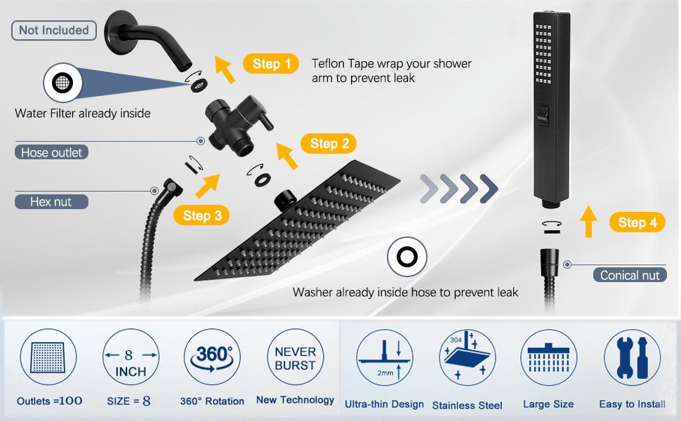 6/8"High Pressure Square RainShower Head and 2-in-1 HandShower.Equipped with 78"Hose, 3Way Diverter Valve,Adhesive ShowerHead Holder hard water Bathroom Installation Modern Easy Convenience