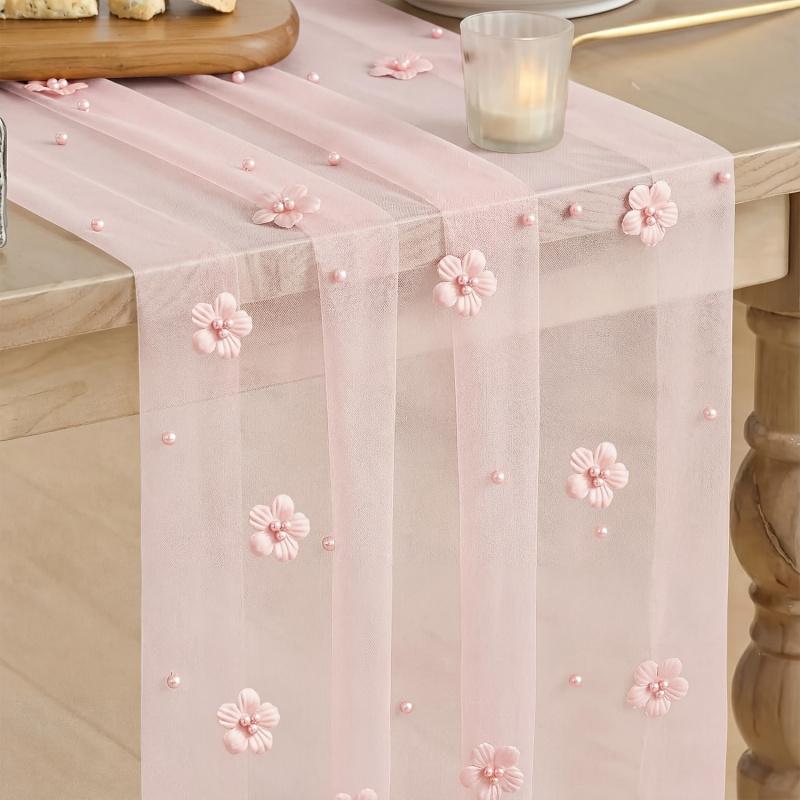 New 3D Pearl Flower Sheer Table Runner, Tulle Mesh Table Flag for Party Decor, Ideal for Seasonal Dining, Weddings, Birthdays & Bridal Showers, Perfect for Home Party Decoration