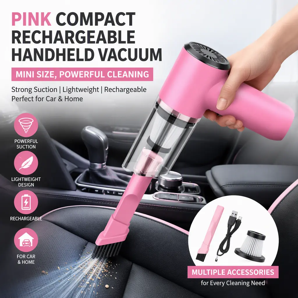 Strong‑Suction Pink Mini Handheld Vacuum, Rechargeable Compact Cleaner for Car Interior Detailing & Home Multi‑Use