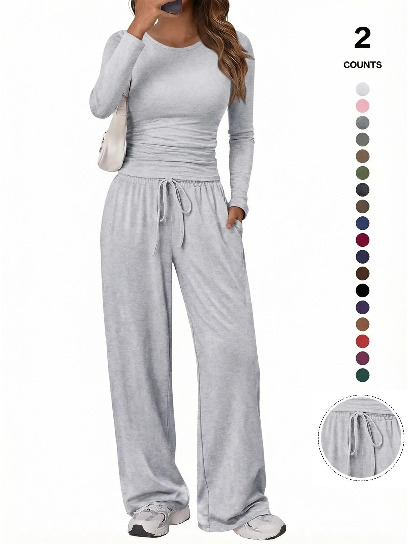 Women's Solid Ruched Drawstring Loungewear Set, Casual Long Sleeve Round Neck Top & Pocket Wide Leg Trousers, Ladies Sleepwear for All Seasons