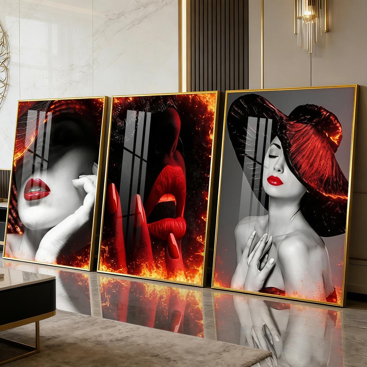 3 Counts Aluminum Alloy Framed Painting, Abstract Red Lips And Black Hat Lady Pictures, Home Decoration For Living Room, Bedroom, Office, Restaurant, Hallway Wall Decor, Odorless Print Artwork, Luxury Perfect Gift For Friends And Family