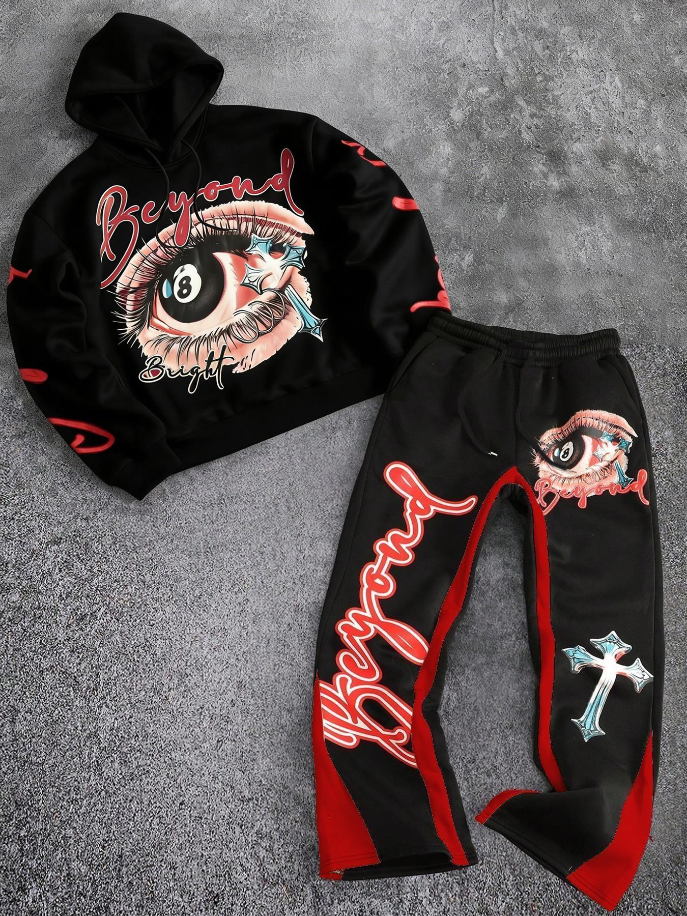 Men's Beyond Letter & Eye Cross Print Hoodie Set, Warm Fleece Lined, Elastic Waist Pants, Streetwear Y2K Style, Couples Fashion, Casual Matching