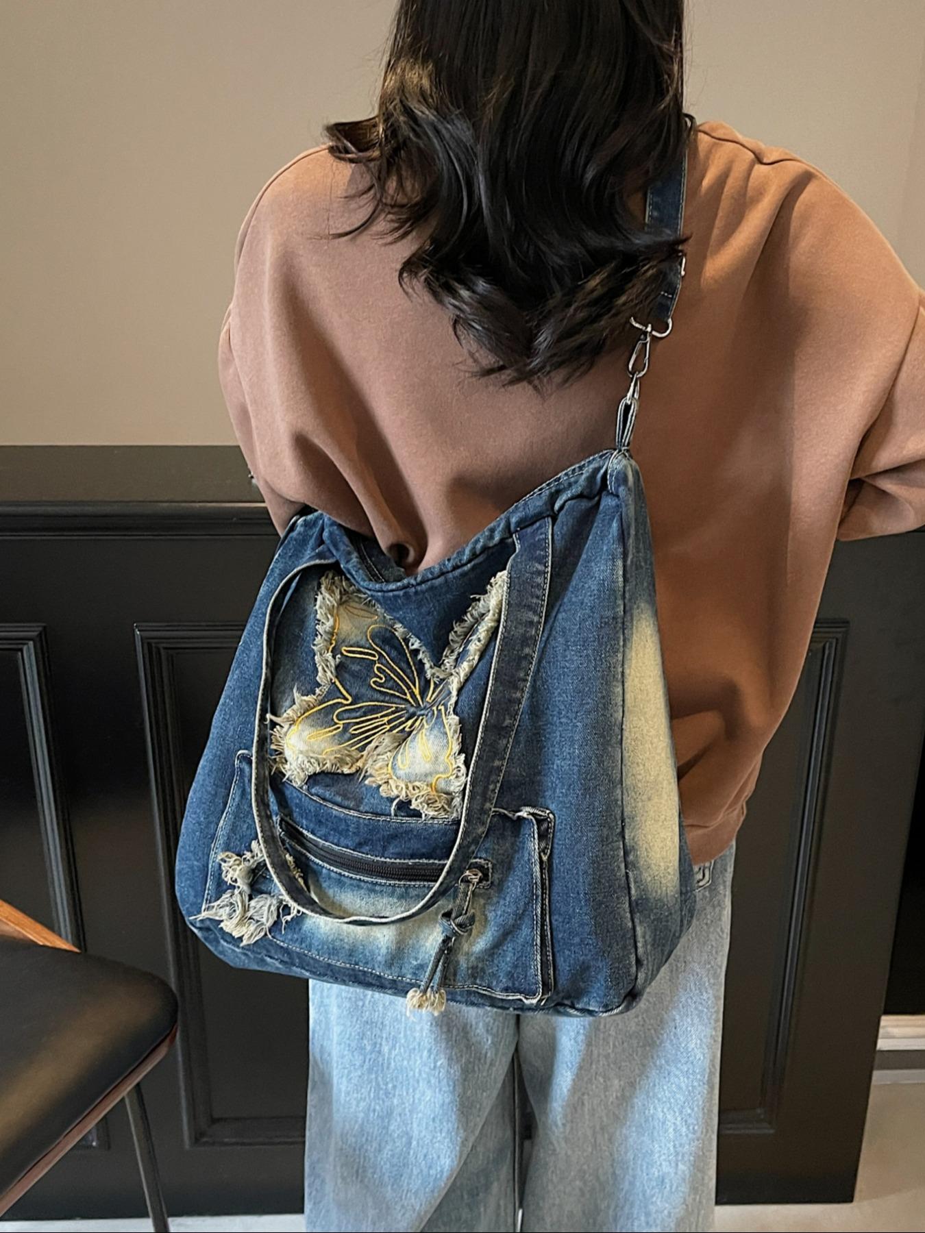 Women's Butterfly Embroidery Denim Tote Bag, Fashionable Large Capacity Shoulder Bag for Daily Used, Casual Trendy Versatile High-quality Daily Commuting Bag