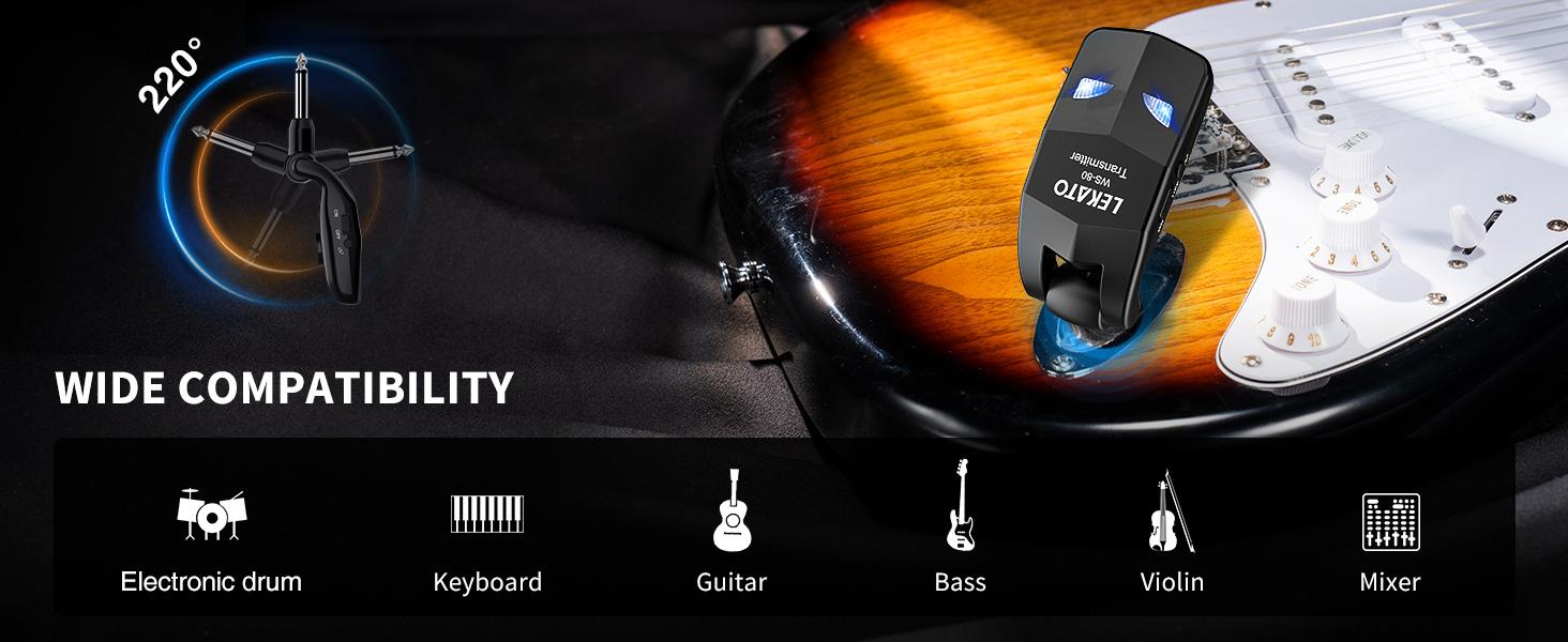 LEKATO WS-80 Wireless Guitar System 2.4Ghz, Audio Wireless Transmitter Receiver with 4 Channels for Electric Guitar and Bass, Rechargeable Guitar Wireless Transmitter and Receiver, for Electric Instruments