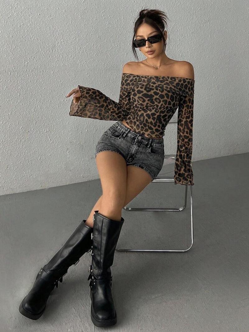 Women's Slim Fit Mesh One Shoulder Off-Shoulder Leopard Print Bubble Sleeve Flare Long Sleeve Short Top, Stylish Casual Blouse