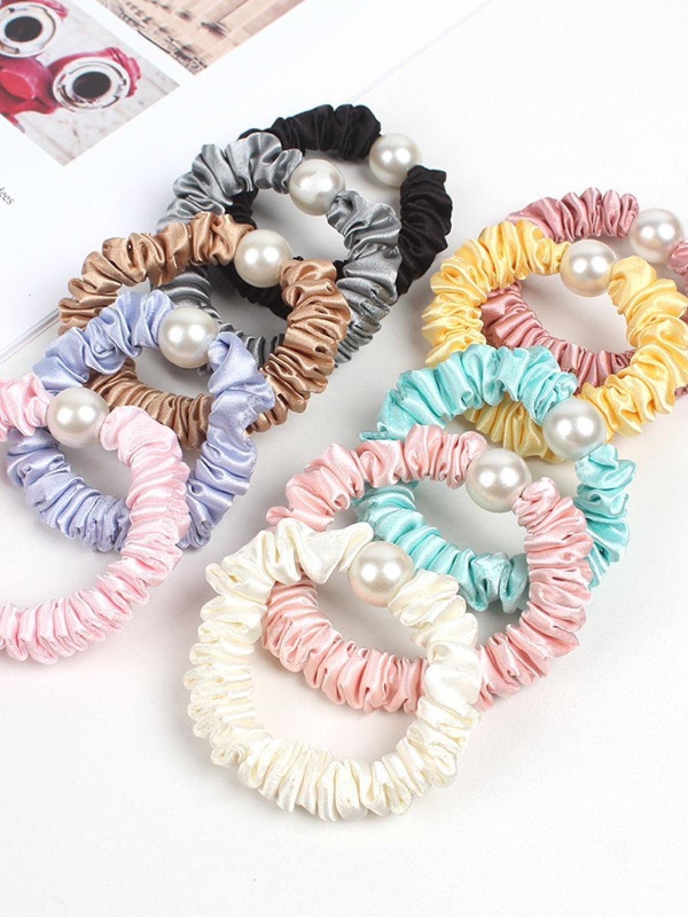 KatchMe Gift, Elegant Satin Faux Pearl Hair Tie (Surprise Color) 1 Piece, Elastic Hair Band for Women, Gentle on Hair, Hair Accessories