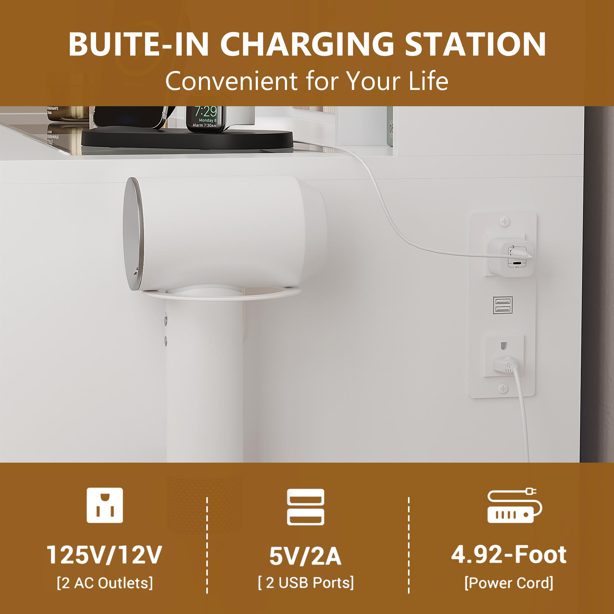 Led Light White Vanity Desk with Mirror and Lights, Glass Top Vanity with Lighted Mirror & RGB Cabinet and 3 Drawers, Dressing Table with 8 Shelves, Modern makeup vanity，Makeup Desk with Lights for Girls Bedroom,