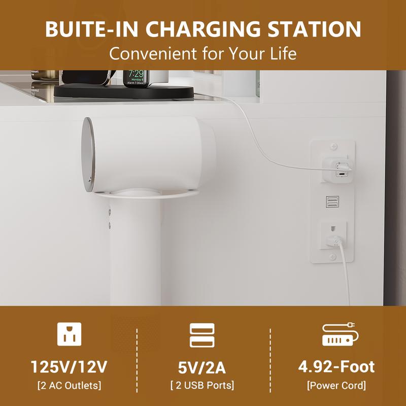 Led Light White Vanity Desk with Mirror and Lights, Glass Top Vanity with Lighted Mirror & RGB Cabinet and 3 Drawers, Dressing Table with 8 Shelves, Modern makeup vanity，Makeup Desk with Lights for Girls Bedroom,