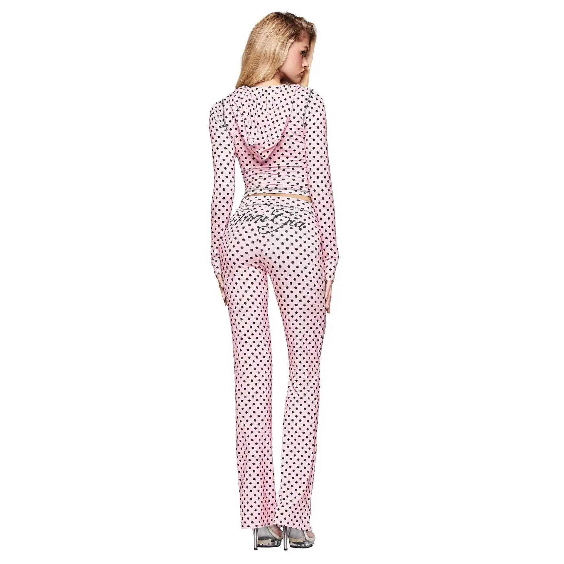 Gia 2025 Shoulder Slimming Letter Printed Bright Thread Design Slimming Hooded Zipper Short Coat Pants Set for Women