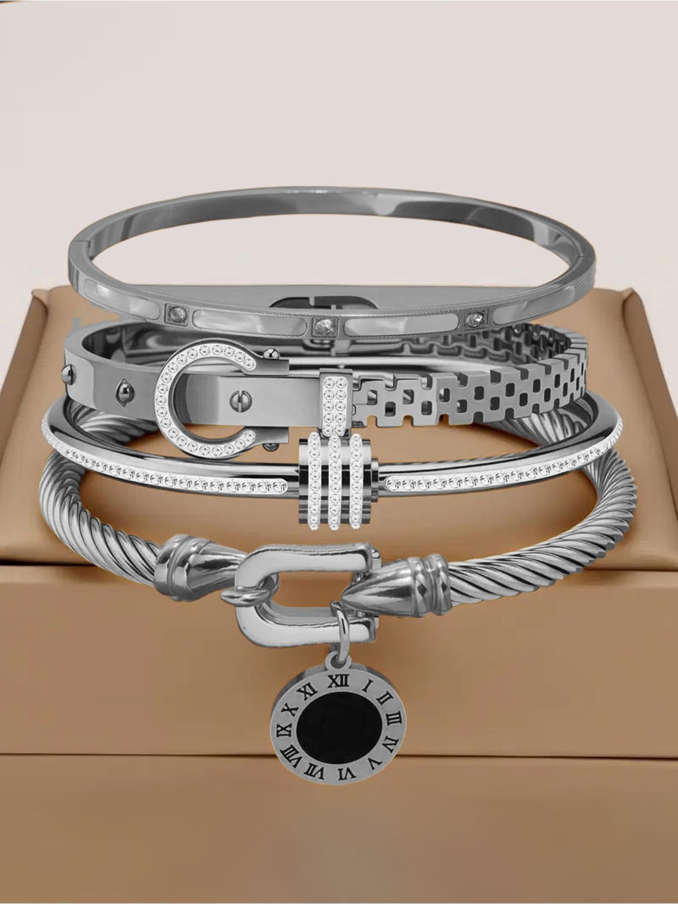 4-Piece Luxury Stainless Steel High Quality Bracelet Set, Women's Gold-plated Rhinestone Decorative Stackable Bracelets, Classic Wrist Accessory, Perfect Exquisite Holiday Gift