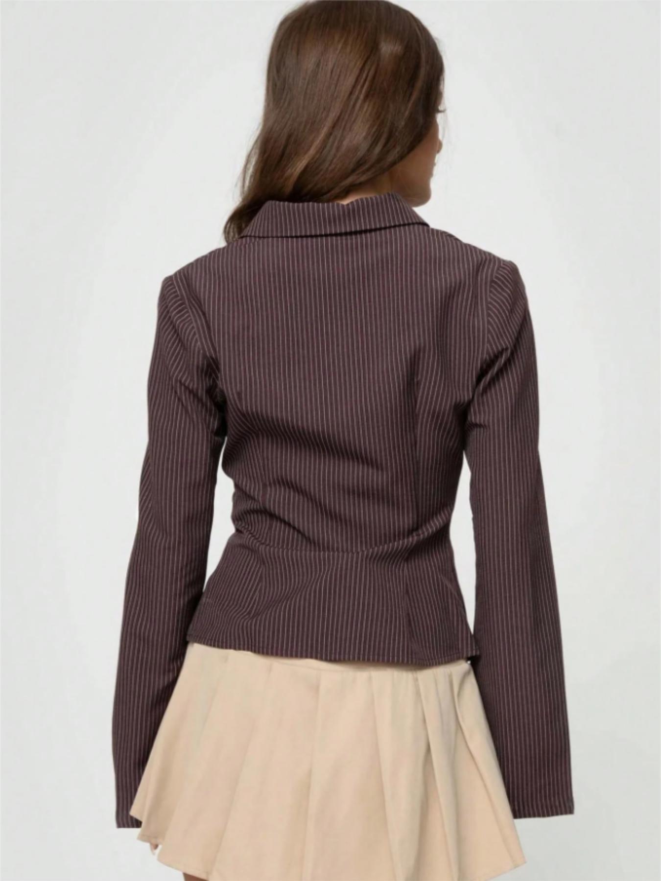 Women's Striped Woven Slim Fit Flounce Sleeve Long Sleeve Shirt Blouse, Casual Fashion Top for Spring & Fall, Ladies' Elegant Clothing