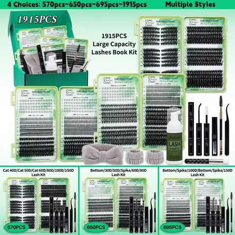Multiple options: 1915/695/650/570 Pcs Lash Clusters Kit D Curl 11 Styles Cat/Volume/Spikes/Bottom Lashes Book Kit with Bond&Seal Lash Remover Brush Lash Applicator Headband Wristband set and Lash Shampoo&Brush, DIY at Home Easily