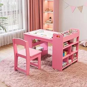 49" Art Table, Large Craft Table with 2 Chairs, Multi-Functional Art Desk with Storage Shelves for  Playroom,School