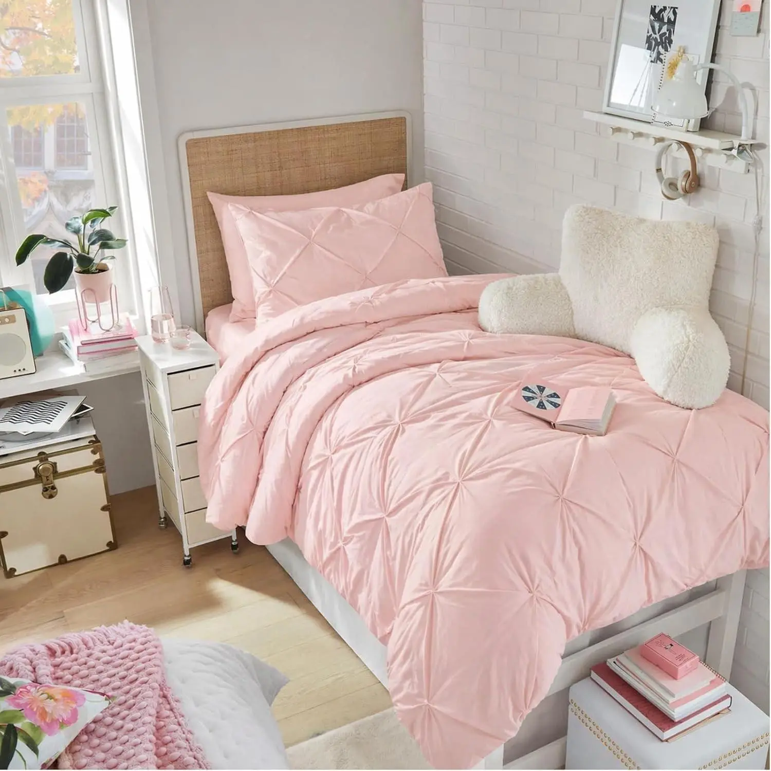 Twin XL Comforter Set, Extra Long 5 Pieces Dorm Bedding Sets, Bed in a Bag with Pintuck Comforter, Sheets, Pillowcase & Sham - Pink